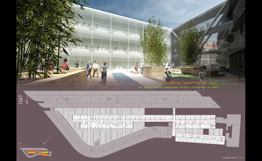 Façades blanches sérigraphiées. Plan R+2. - Extension de l'Hôtel du Département du Bas-Rhin / Strasbourg