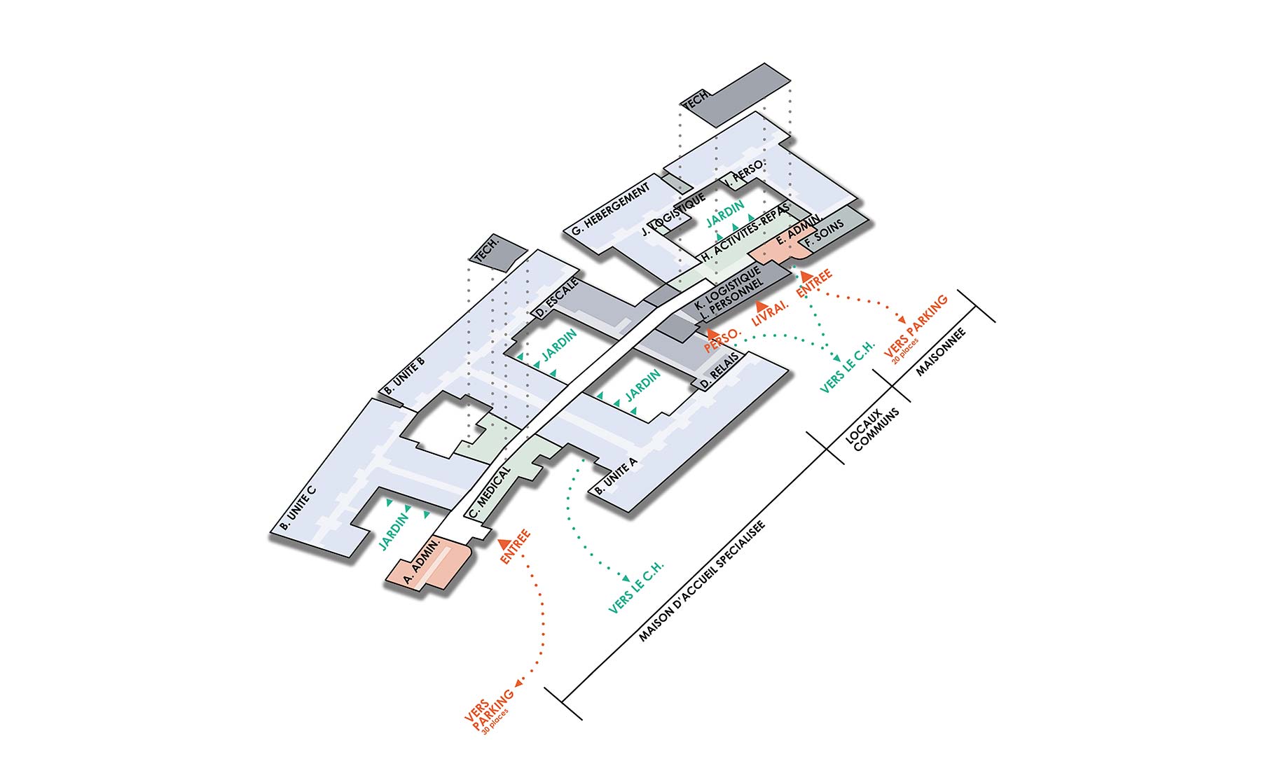 Schéma axonométrique - Maison d’accueil spécialisée / Novillars