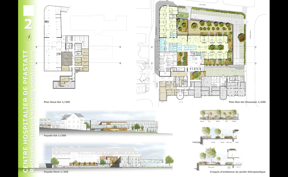 Plan sous-sol. Plan rez-de-chaussée. Façade Est. Façade Nord. Croquis d'ambiance du jardin thérapeutique. - Restructuration du Centre Hospitalier / Pfastatt