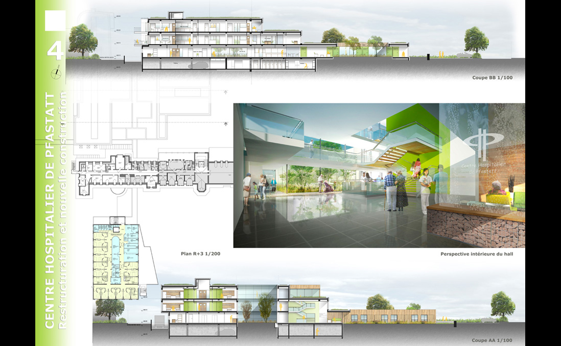 Plan R+3. Coupe AA. Coupe BB. Perspective intérieure du hall. - Restructuration du Centre Hospitalier / Pfastatt