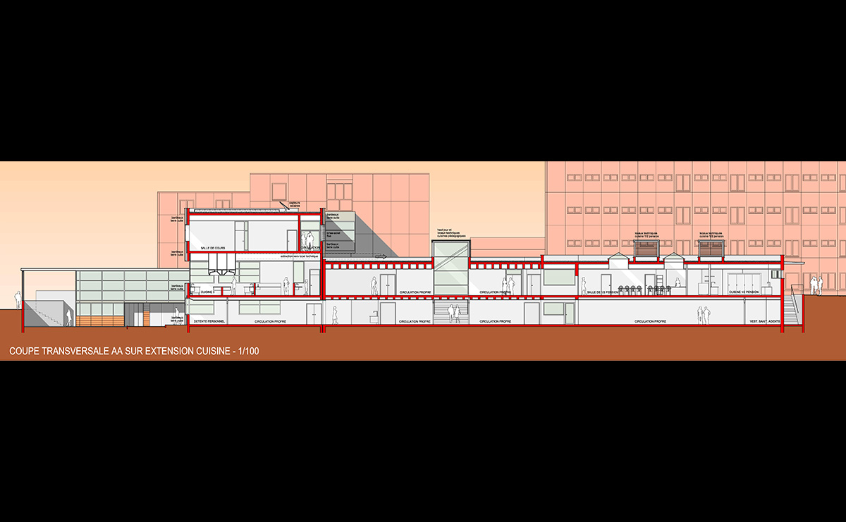 Coupe AA sur Extension cuisine - Restructuration du Lycée Storck / Guebwiller